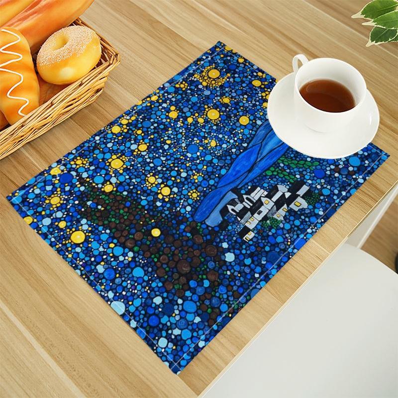 Van Gogh The Starry Night Print Linen Dining Table Mats Alphabet Kitchen Placemat 30X45cm Coasters Pads Bowl Cup Mat
