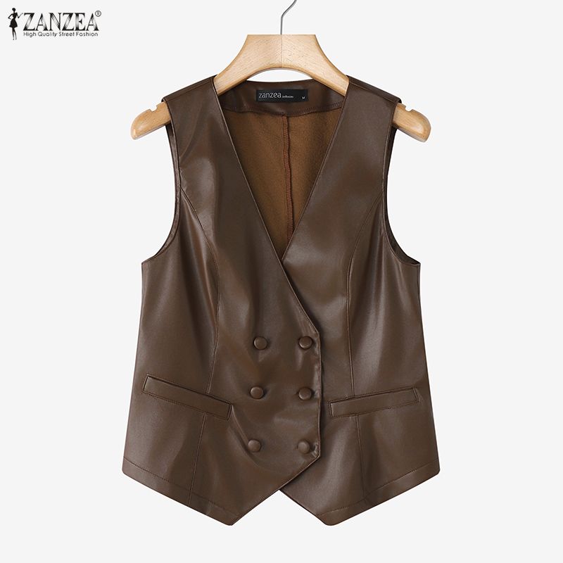 ZANZEA Women Casual V-Neck Sleeveless Faux PU Leather Cardigan Vest