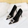 Women Elegant High Heel Stiletto Pumps Pointed Toe Black White Bling Metal Rhinestone Buckle Wedding Event Single Shoes
