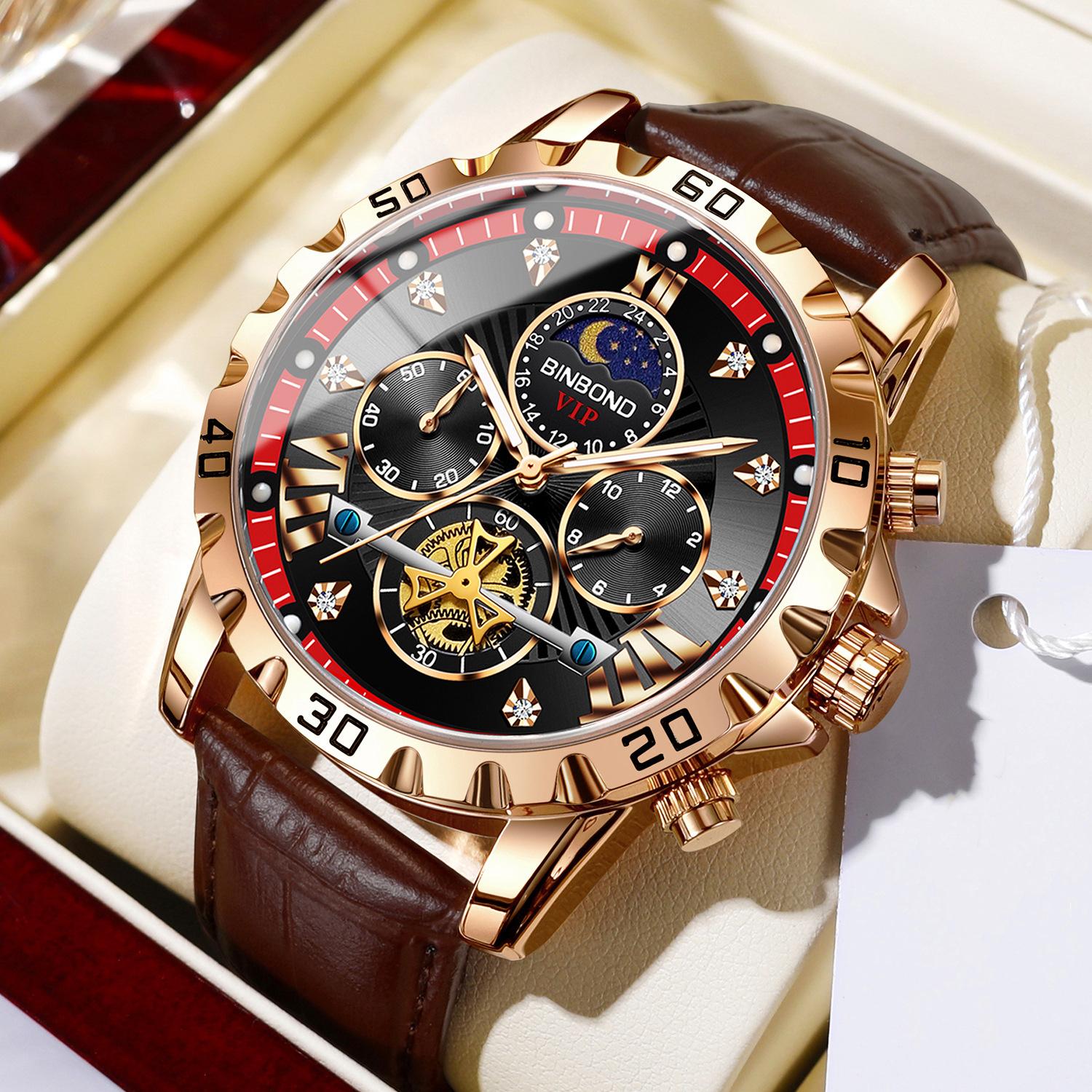 

Мужские модные светящиеся кварцевые часы с тремя глазами, циферблат с фазами Луны, водонепроницаемые многофункциональные модные часы с маховиком красный/ярко-розовый