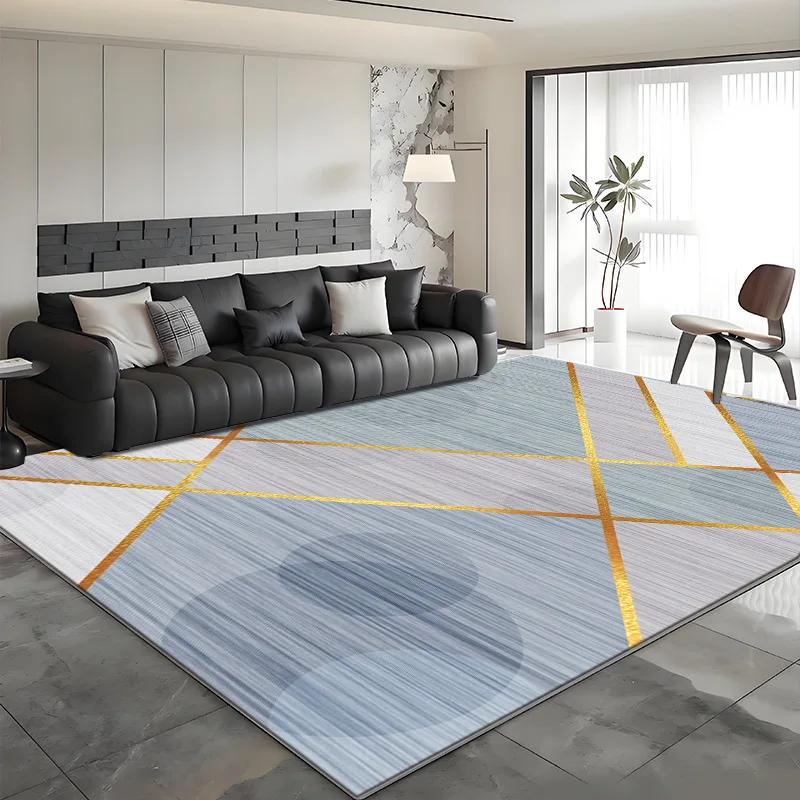 Modern Abstract Vloerkleed met Gouden Lijn Blauw Grijs Antislip Wasbaar Tapijt voor Woonkamer, Slaapkamer, Huisdecoratie 80x120cm 31x47inch