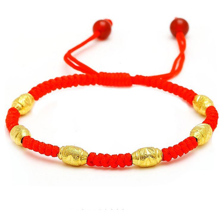 Gold-Plated Lucky Bead Red String Bracelet, Adjustable Hand-Woven Birth Year Ethnic Style Accessory