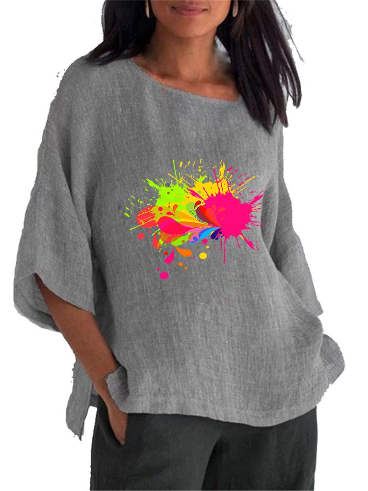 Women Fashion O Neck 3/4 Long Sleeved Shirt Spring&summer Print Cotton Linen Blouse