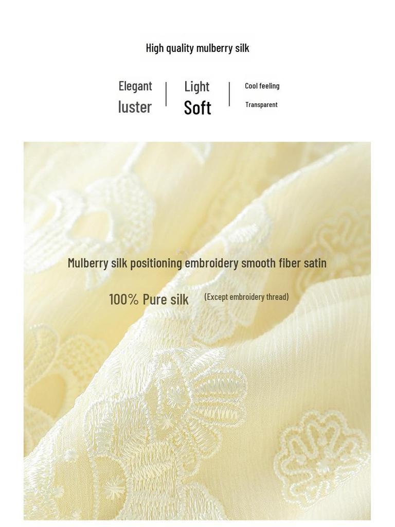 Women's Summer 2025 Slim Waist Embroidered Mulberry Silk Dress - Mid-Sleeve, Plus Size