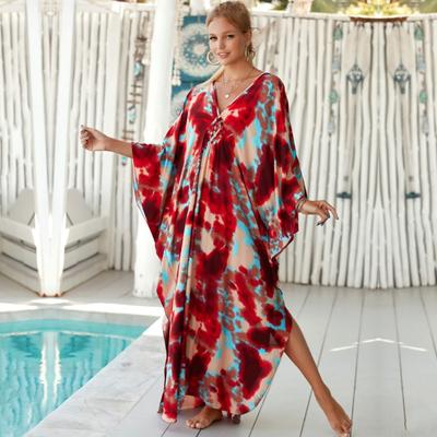 Red Tie-dye Printed Bikini Cover-up Swimsuit Robe Casual V-neck Side Slit Summer Beach Skirt Women's Beachwear Swimsuit Cover-up