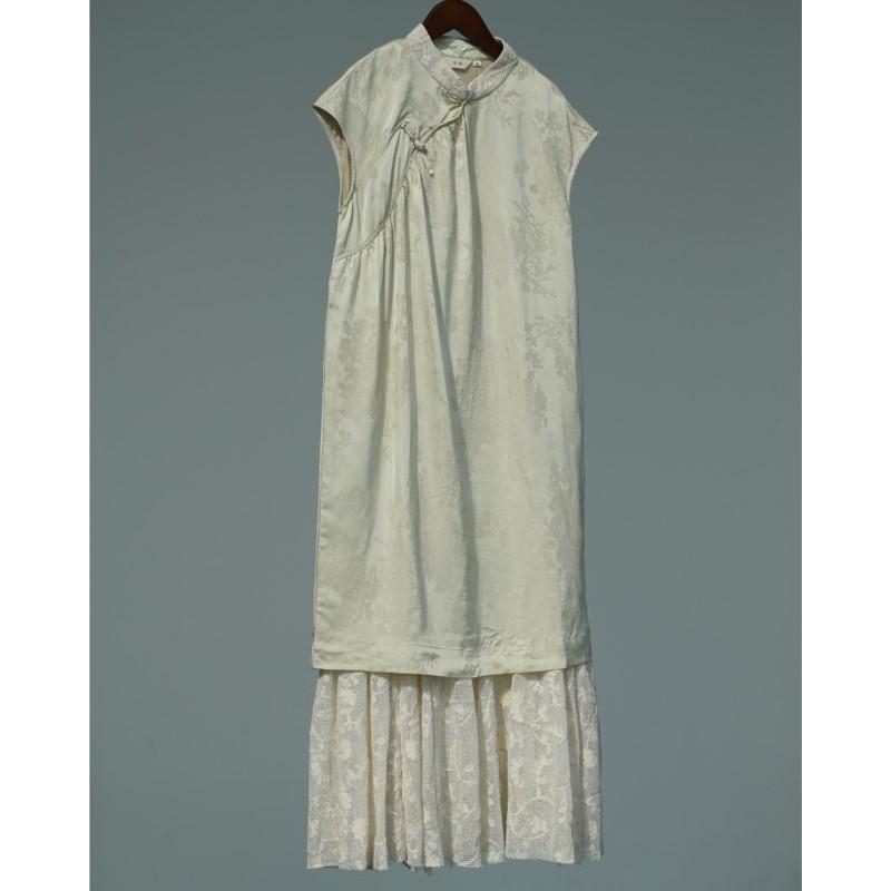 Johnature Women Vintage Jacquard Dresses Stand Sleeveless Button Summer Patchwork Lace Chinese Style Soft A-Line Dress