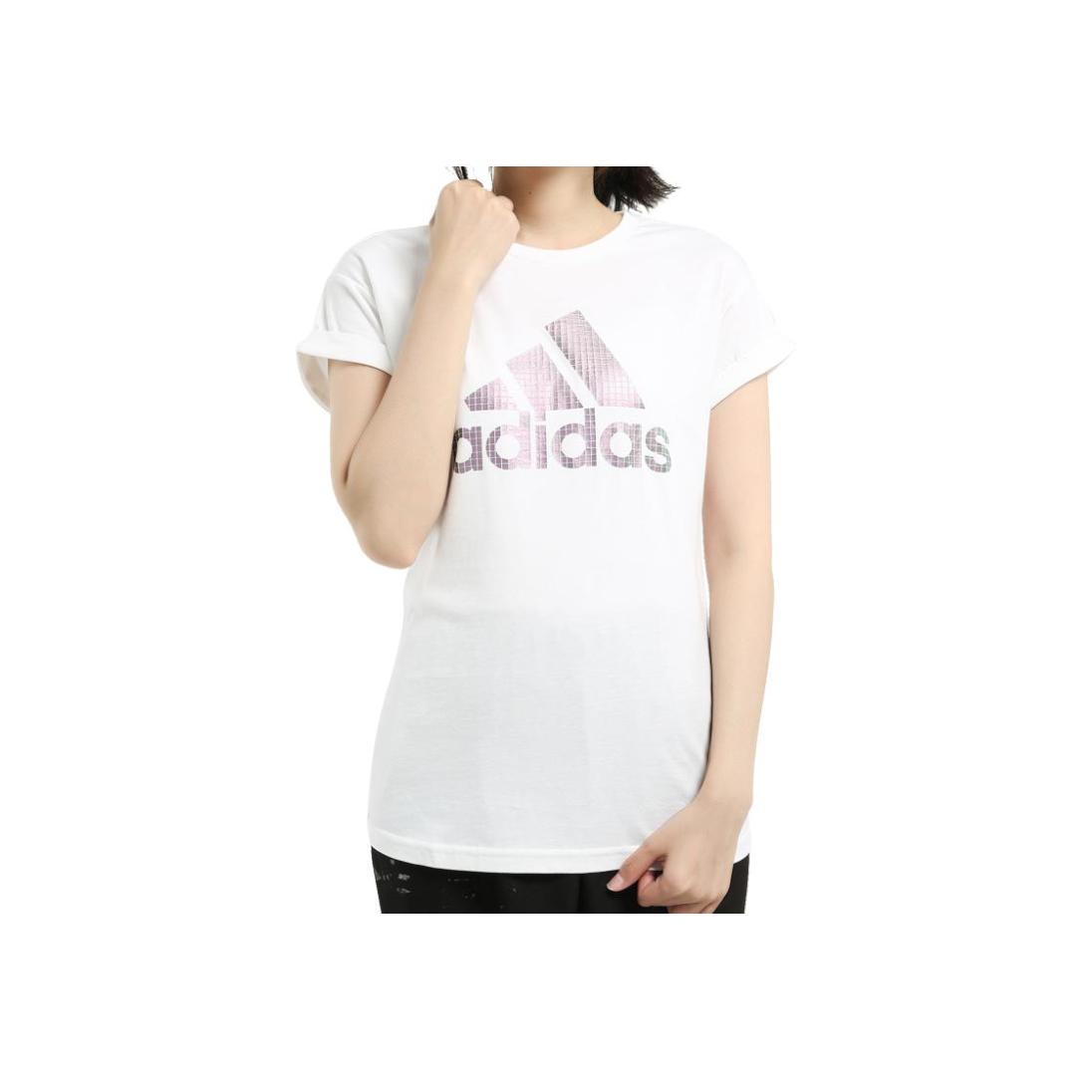 

Adidas Удобная дышащая футболка с круглым вырезом и буквенным принтом, женская футболка с коротким рукавом и заниженной линией плеч DM5320 S