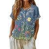 Womens Casual Henley Neck Button Down Floral Print Top Short Sleeve Lightweight Blouse for Summer Spring