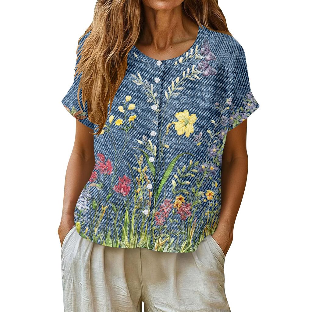 Womens Casual Henley Neck Button Down Floral Print Top Short Sleeve Lightweight Blouse for Summer Spring