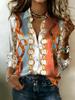 Ladies' Luxurious Shirt - Orange-blue-gold Chain Printed Button-down Blouse | The Overall Style Is Suitable for Evening Events, Weddings, and Parties