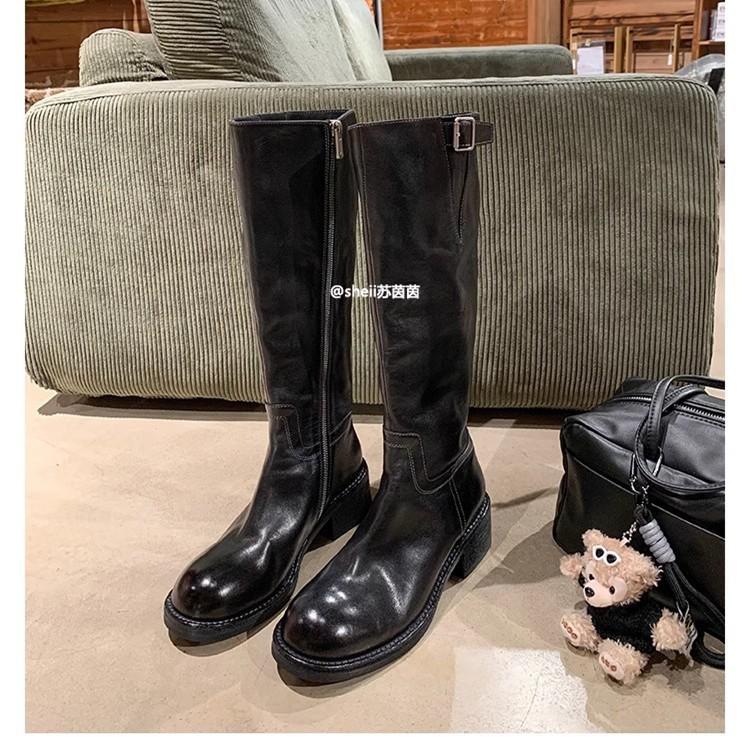 

Коровья кожа~ Сапоги-ботфорты на толстом каблуке с пряжкой в стиле ретро из конской кожи с эффектом зимней стирки, как у Су Иинь, женские сапоги в стиле рыцаря 35