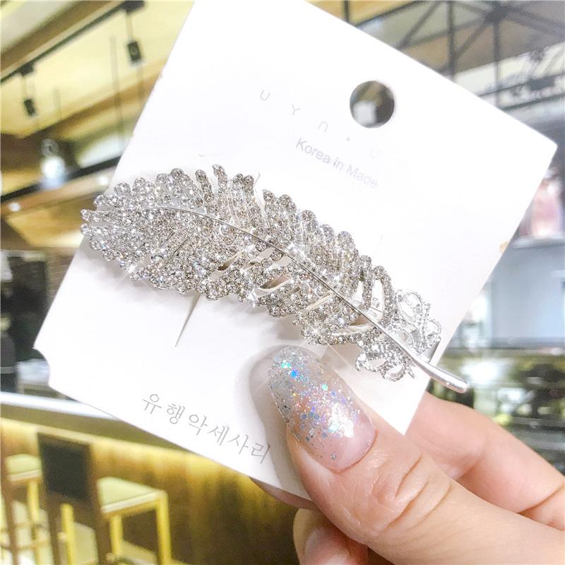 Korean Crystal Feather Hair Accessories Jewelry Gold Silver Color Metal Big Hair Clips for Women Wedding Headwear Girls Hairpins