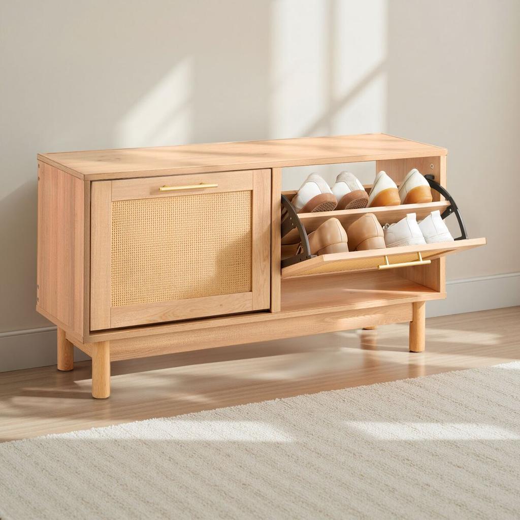 Entryway Shoe Bench, 1000 x 300 x 530 mm Rattan-Like Shoes Bench with 2 Flip Drawers, 300lbs Shoe Storage Rack with 4 Compartments and 2 Rattan Doors,