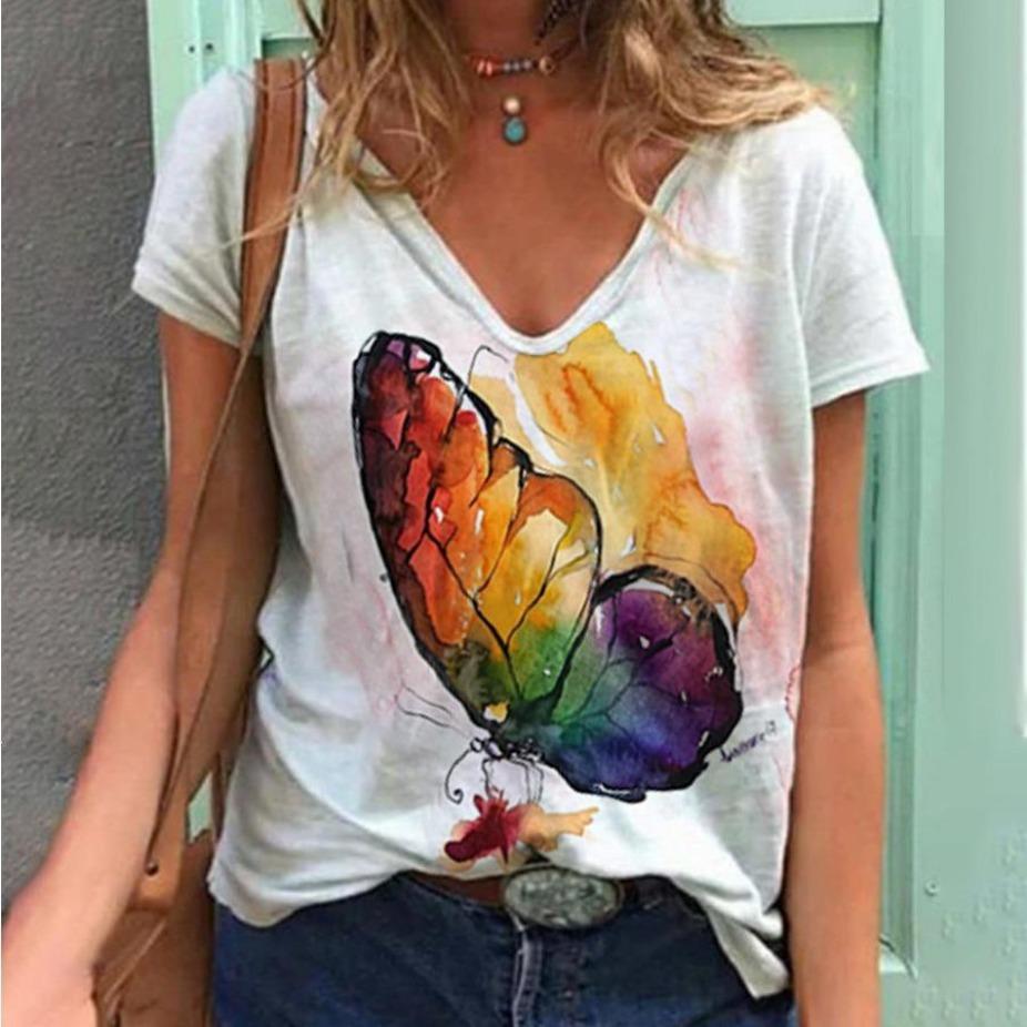 Summer Butterfly Floral T-Shirts 3D Print Women Fashion V-Neck Short Sleeve T Shirt Y2K Casual Tees Harajuku Top Female Clothing