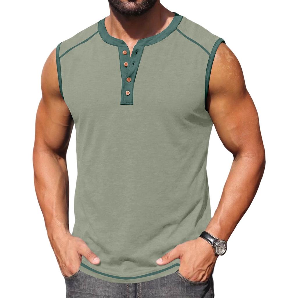 Men Sleeveless Henley Shirt Casual Athletic Tank Top Button Front Muscle Fit Summer Workout Shirt for Outdoor Sports