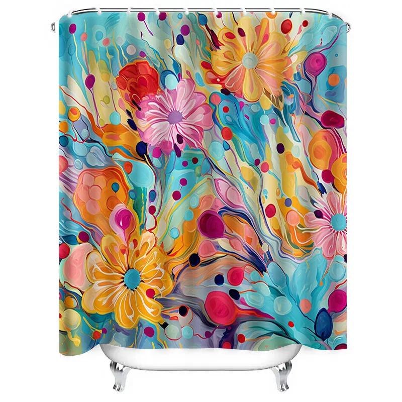 

Colorful Shower Curtain Floral Print Bathroom Decor Waterproof Shower Cover With Rod Pocket Rings In Blue Pink Yellow Orange Red W60H190(CM)-1 Pcs