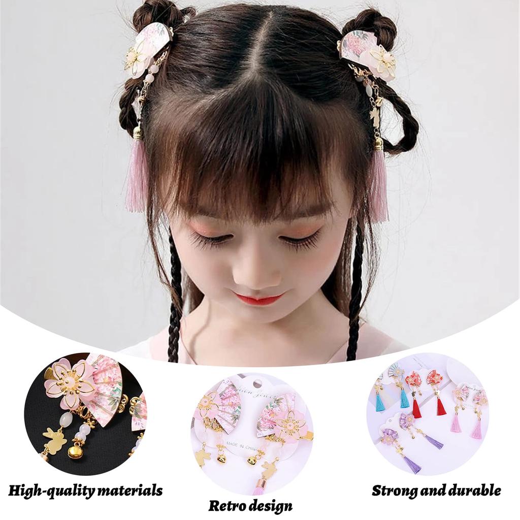 Fan Hair Ornament with Tassel and Flower Design, Hair Clip, Chinese Style, Hanfu, Yukata, Kimono, Hair Accessory, Headpiece, Children's Hair