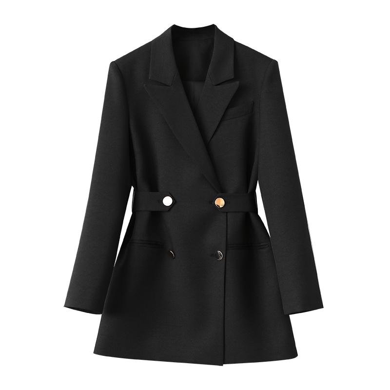 Autumn Womens Blazers Double Breasted Notched Office Lady Small Suit Coat Formal Black
