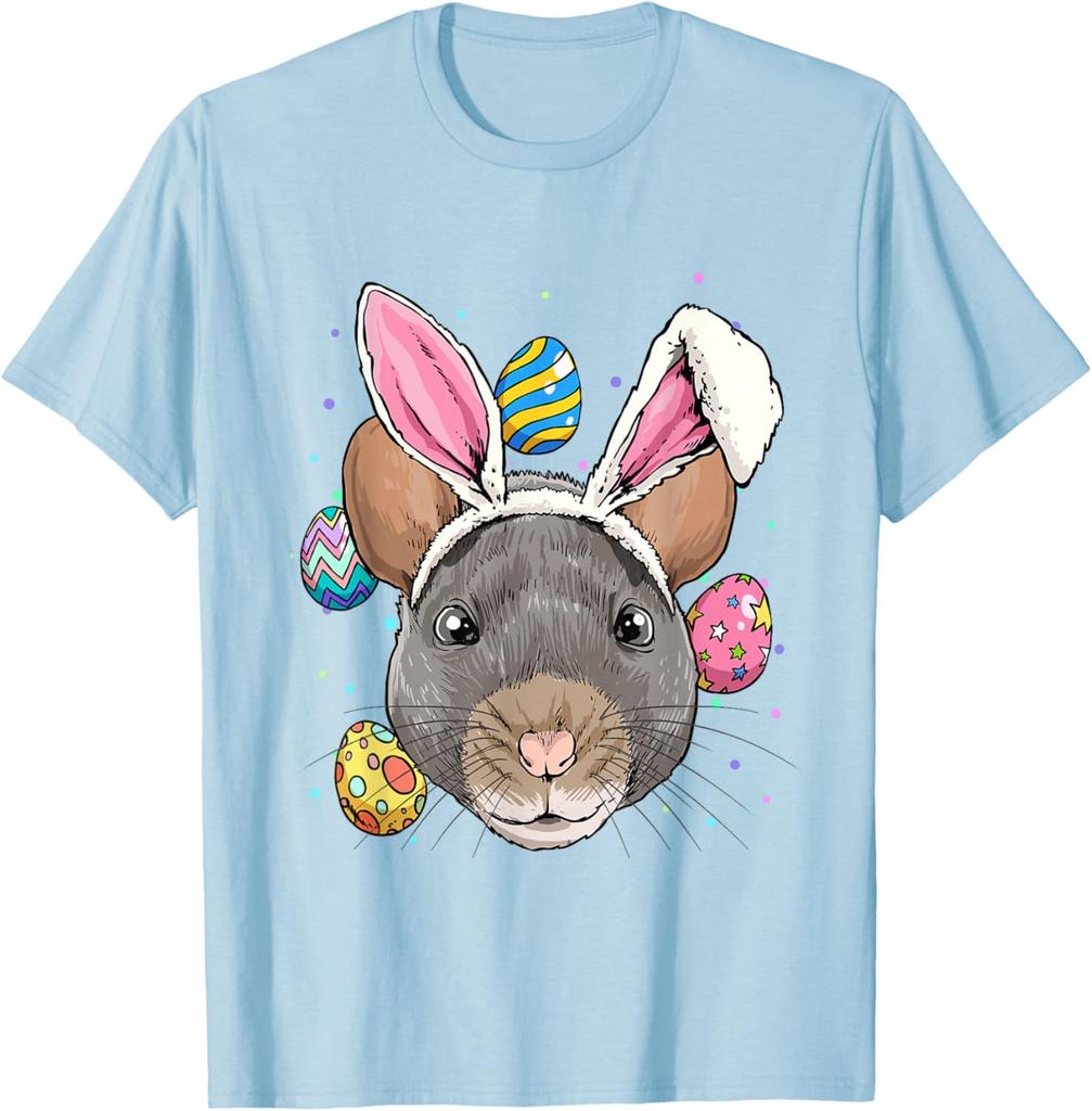 Rat Wearing Bunny Ears Easter Graphic Tee Funny Rodent Lover Casual T-Shirt