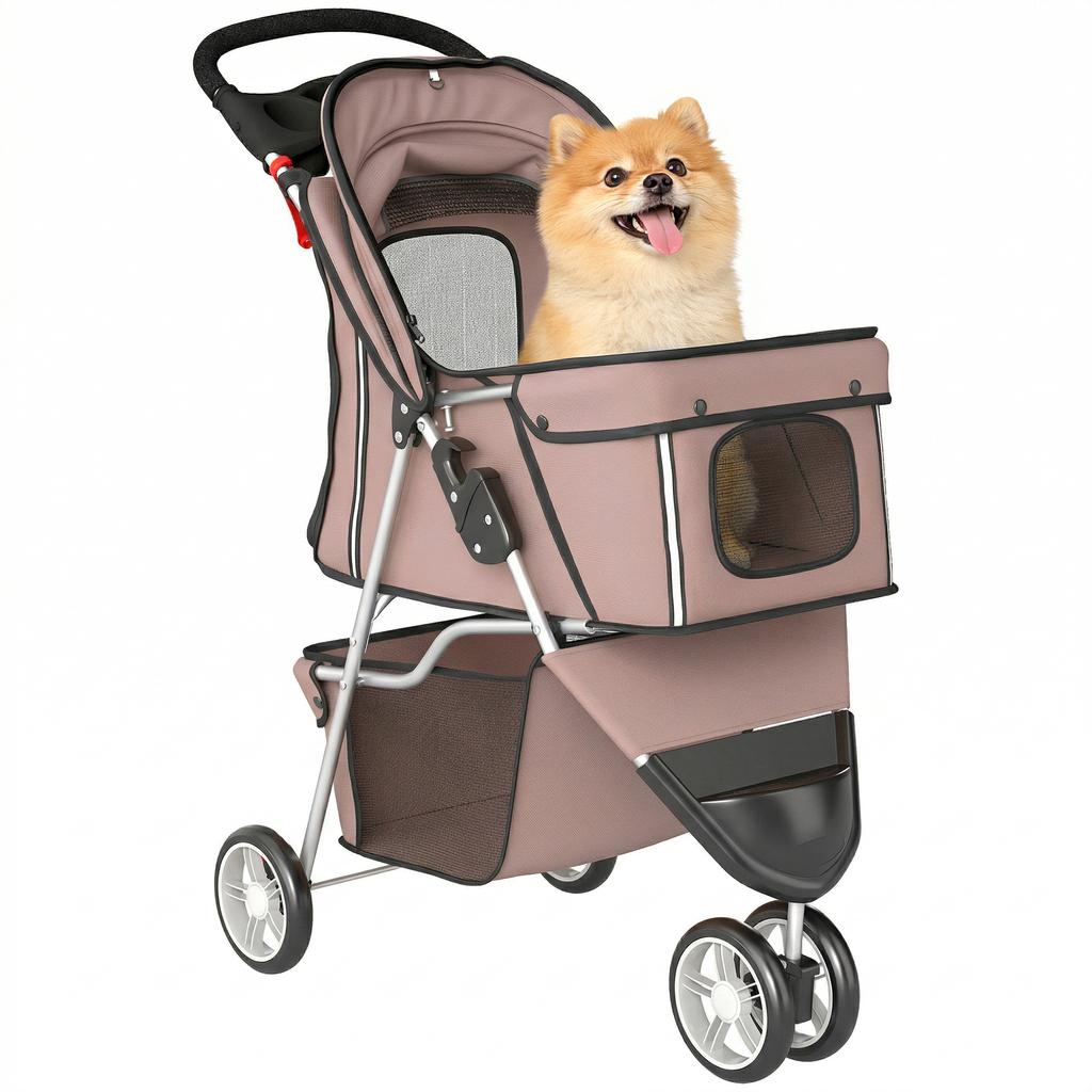 Dog Stroller, 3 Wheels Foldable Pet Stroller with Adjustable Canopy, Storage Basket for Small Mini Breeds, Coffee