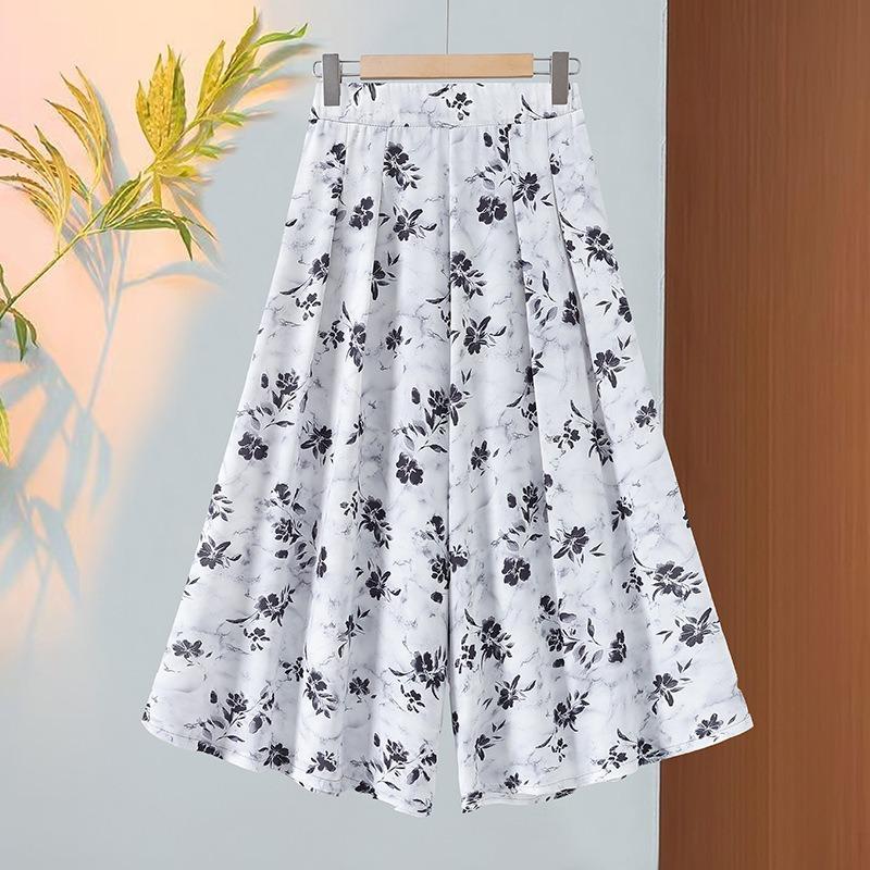 Women Floral Print Wide Leg Cropped Pants Elastic Waist Casual Summer Trousers