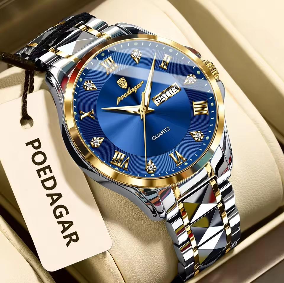 POEDAGAR Fashion Military Men Clock Waterproof Luminous Date Week Man Wristwatch Stainless Steel Quartz Watches Male Reloj