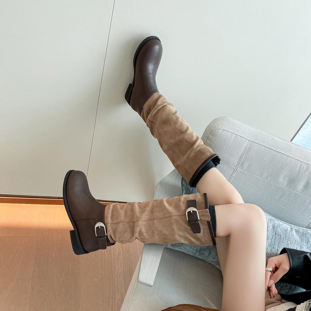 [Ruodan] Thick-soled British Style Belt Buckle Medium Tube Stack Boots Knight Boots Women's Retro Round Head Boots Women's