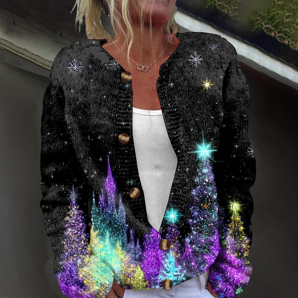 Women's Fashion Christmas Printed Long Sleeve Knitted Cardigan Button Down Jacket
