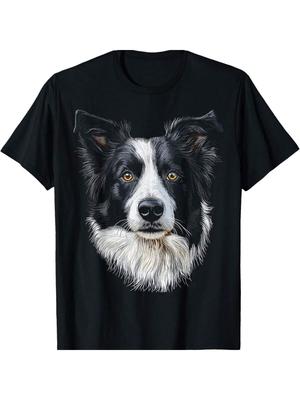 Camiseta de Algodão Feminina com Rosto de Cão Border Collie, Estampa Premium 100% Algodão, Durável e de Longa Duração, Estilo Casual Fashion
