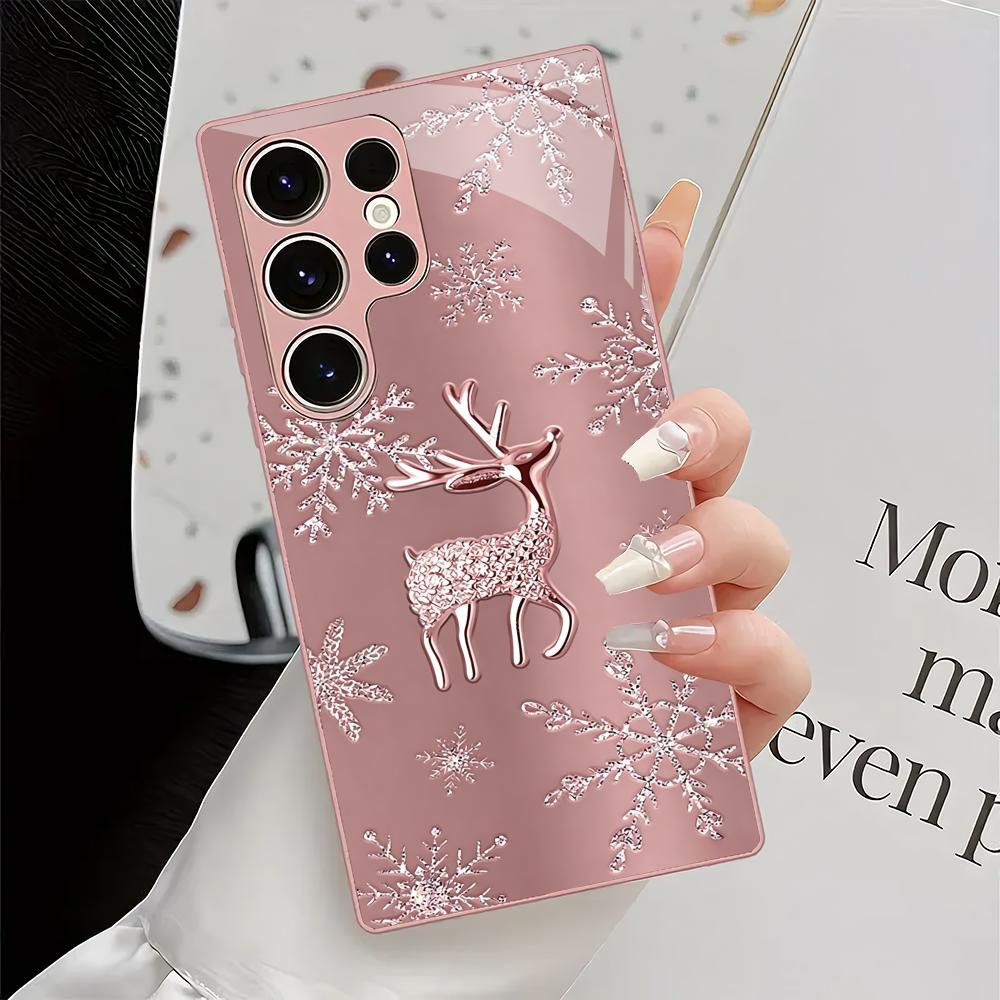 Deer Snowflake Metallic Glass Phone Case Suitable for Samsung Galaxy S26 S25 S24 S22 S21 S20 FE/Ultra/Plus Shock resistant