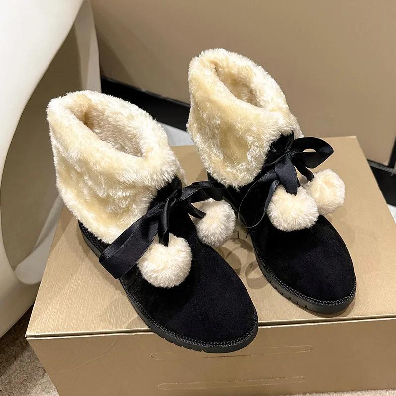 New Winter Women's Shoes Sweet Fur Ankle Boots Female Padded Comfortable Warm Cotton Shoes Flat Bottom Casual Lace Up Botines