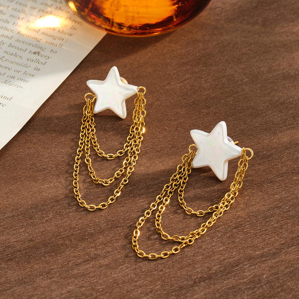 Fashion White Star Stainless Steel Tassel Chain Drop Earrings for Women 18K Gold Color Waterproof Dangle Jewelry Party Gifts