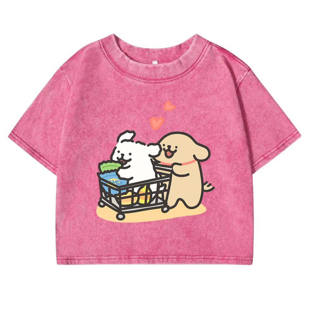 Love Filled With Shopping Carts Print Retro Tee Shirt Washed Fashion Short Sleeve Street Slim Tees Clothes Cotton Top