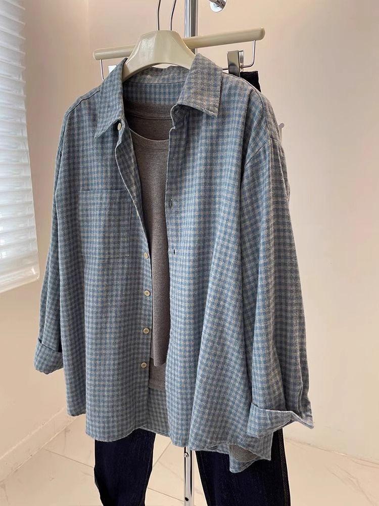 Korean Vintage Polished Blue Plaid Long-sleeved Shirt Women's Spring and Autumn New Loose and Lazy Top