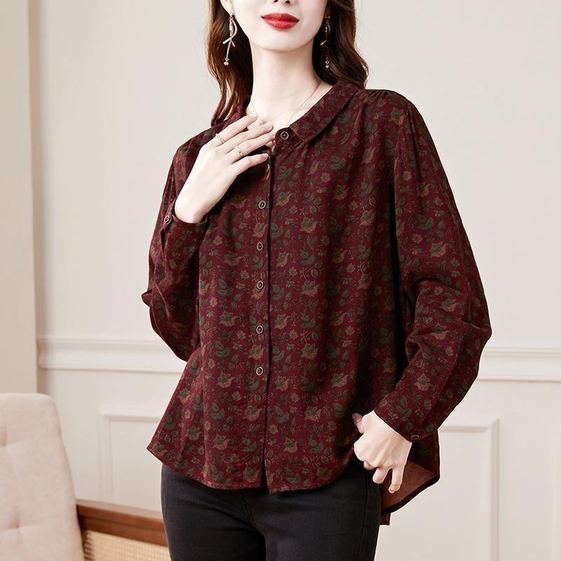 

Універсальний темперамент Простий новий стиль Вільний ретро Жіночий стиль Весна Осінь Квіткова сорочка З довгим рукавом Мода L бордовий
