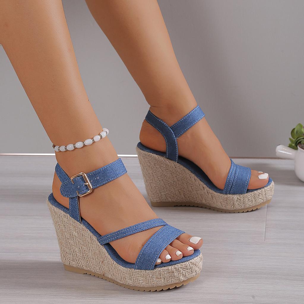 Large size one word with wedge heel sandals women's thick-soled waterproof table cloth surface high heel straw woven cool slippers women