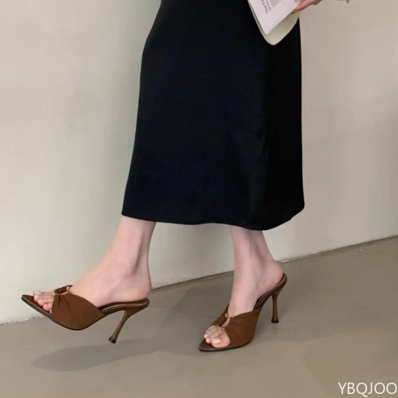 Fashion Summer sexy fashionable open toed high-heeled sandals with pleated metal buckles simple versatile pointed high-heeled shoes