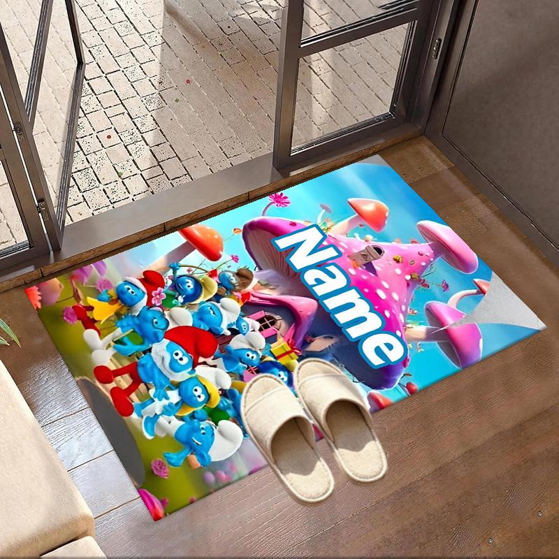 Custom Name Personalized Blue Smurfs Print Carpet, Versatile Home Decor Rug, for Playroom, Apartment, Balcony, Entryway, Hallway Gift