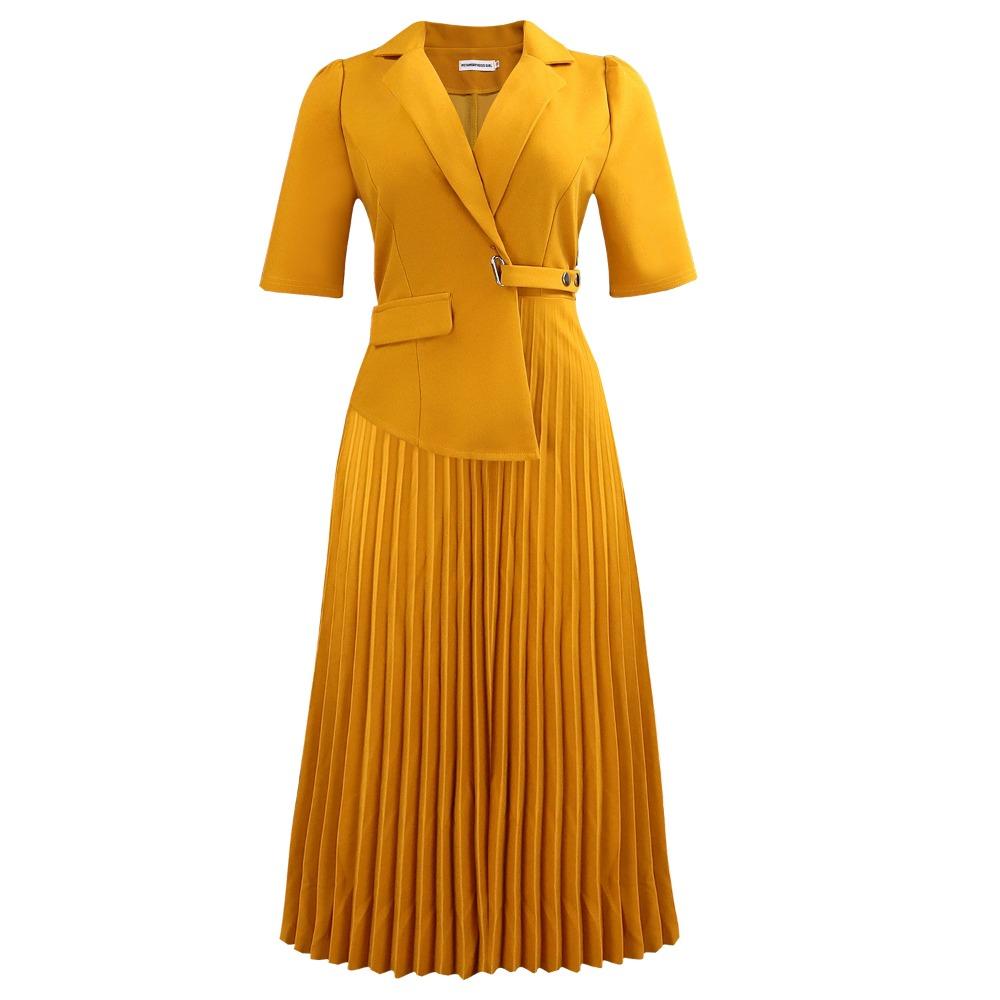 Women's Lapel Collar Three Quarter Sleeve Midi Pleated Dress Fitted High Waist Elegant Solid Office Commute Dress