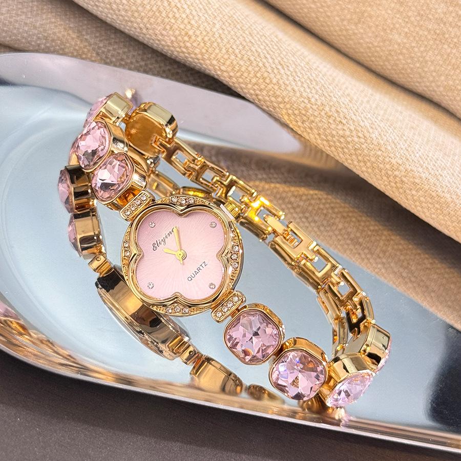 

Браслет премиум-класса с драгоценными камнями и бриллиантами в виде четырехлистного клевера, женские кварцевые часы для прямой трансляции розовый