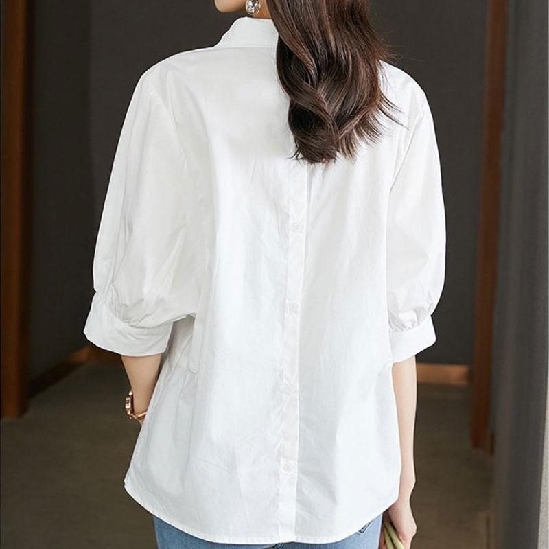 Basic Solid Color Loose Blouse Summer Thin Office Lady V-Neck Korean Women's Clothing Stylish Button Casual Half Sleeve Shirt