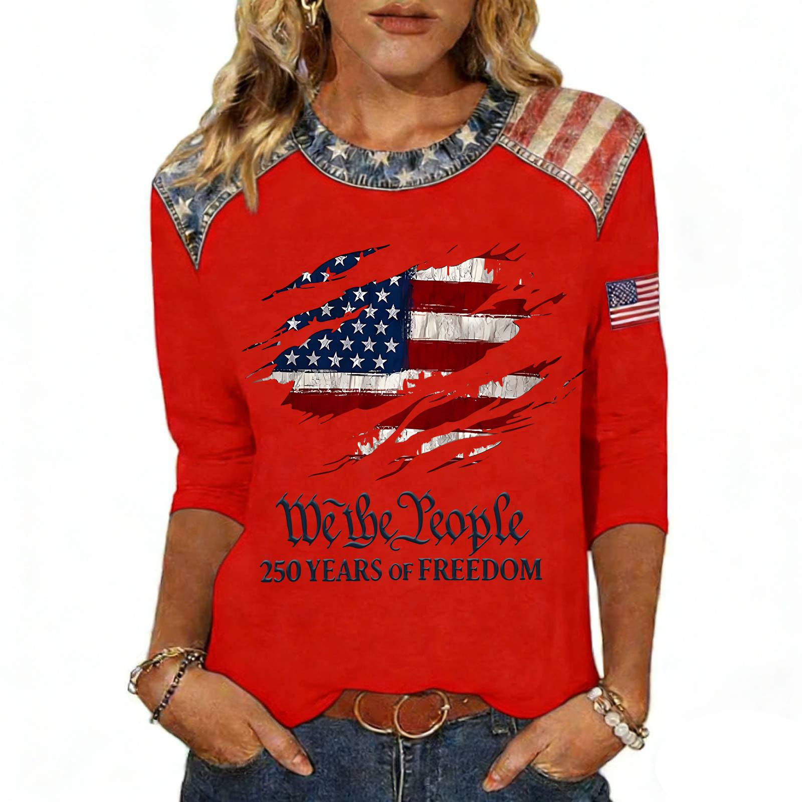 

Женская модная повседневная футболка с принтом ко Дню независимости L красный