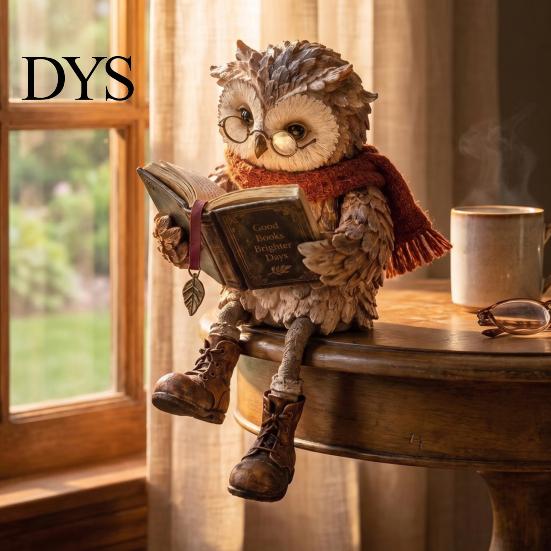 Owl Figurine for Bookshelf Reading Figurine, Creative Statue with Glasses Scarf Boots And Open Book, Decorative Animal Figure Mantel Sculpture