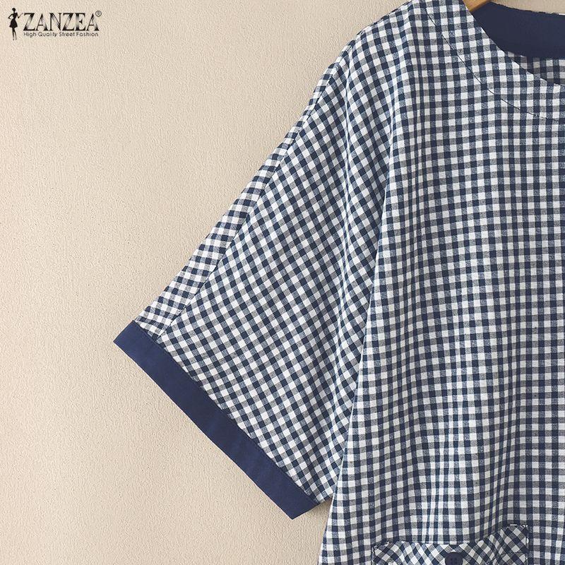 ZANZEA Damen Lässige Rundhals Kurzarm Karierte Print Bluse