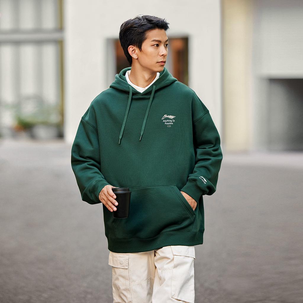 Li Ning Sports Lifestyle Series Antistatic Antibacterial Warm Comfortable Fleece Casual Versatile Hoodie Men Hoodies Dark-Green AWDUA05-7