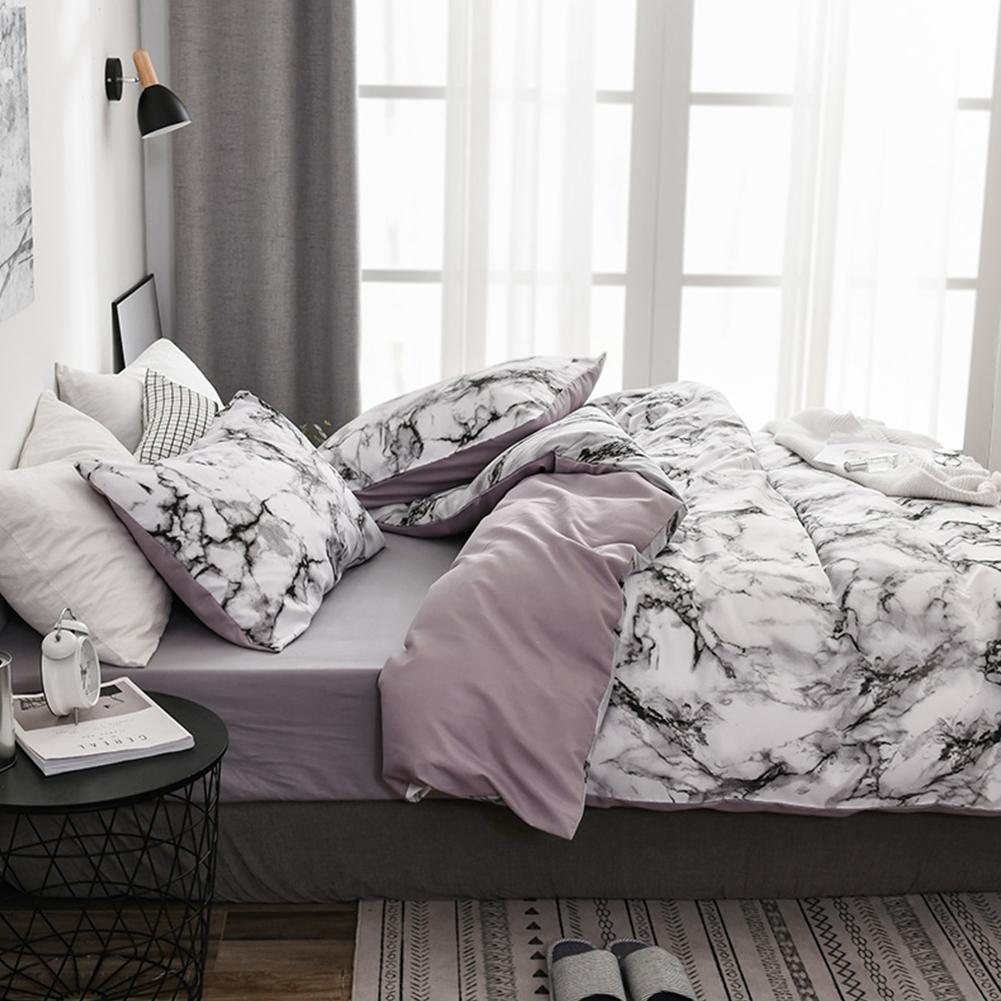 3Pcs Set Polyester Marbled Quilt Cover Pillowcase Bedding Set EU Double Size (White)