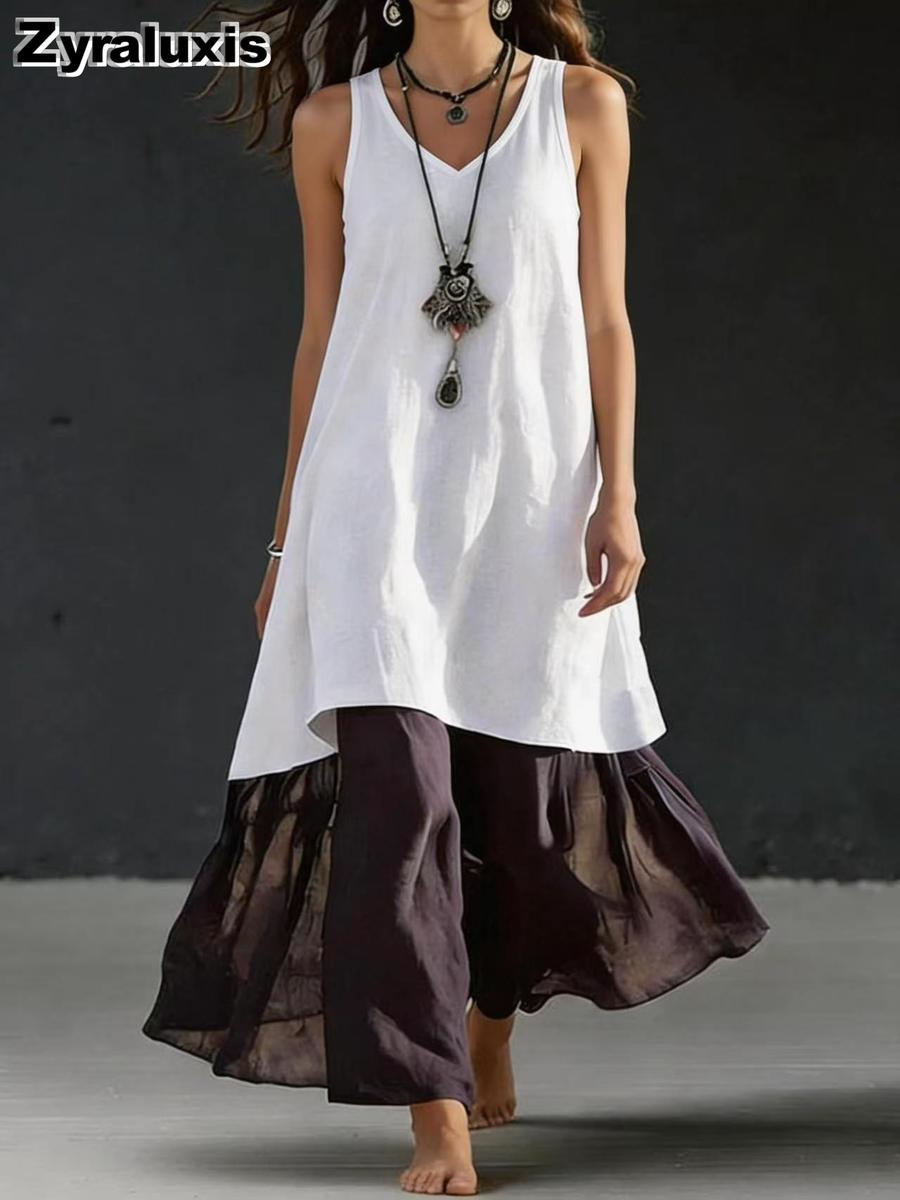 Summer Solid Loose Long Dress Sleeveless V-Neck Women Casual Vest Maxi Dress S
