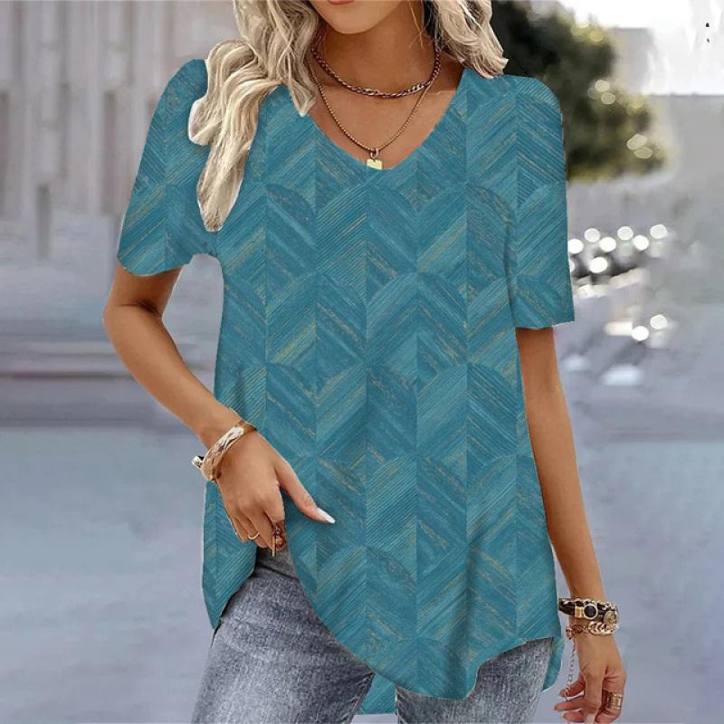 Spring Vintage V Neck Short Sleeve T Shirt For Women Loose Tops 3d Printing Summer Tees Shirts Oversized Female Clothing 2024