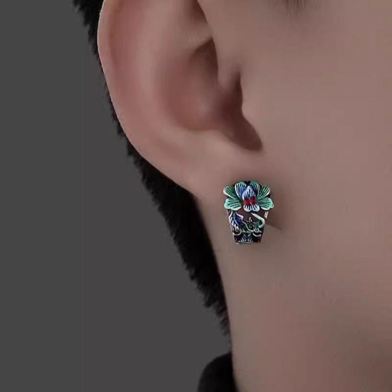 Retro Peony Earrings Men's Original Personality National Style Guochao Enamel Color Classical Men's Earrings