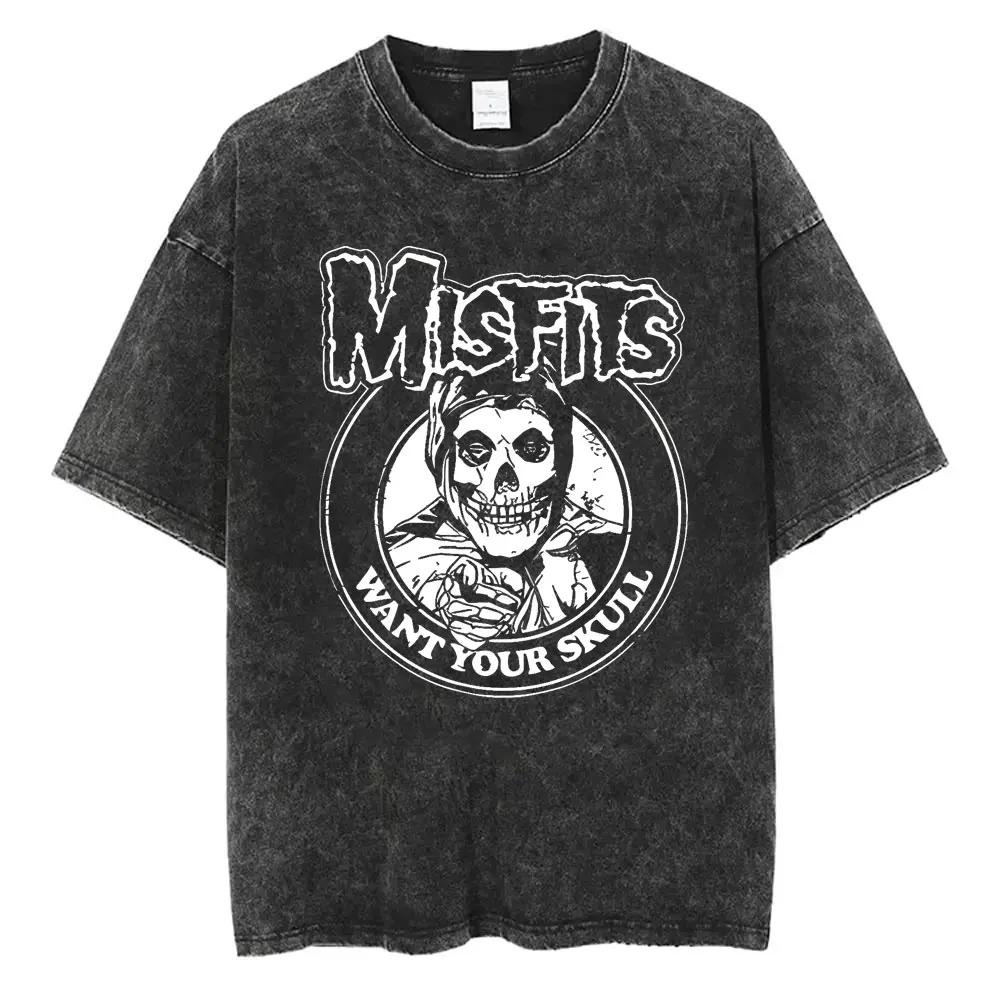 2026 Washed Vintage Hardcore Punk Band Misfits Tshirt Horror Skeleton Graphic T-shirt Men Women's Fashion Casual Oversized T Shirts